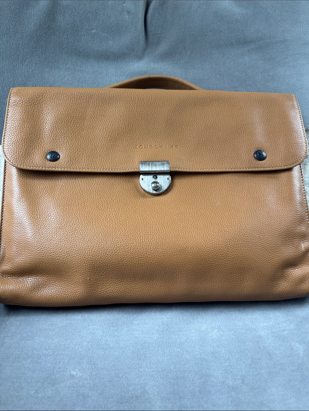Vintage Longchamp Pebbled Leather Briefcase Document Bag - Tan / Cognac
